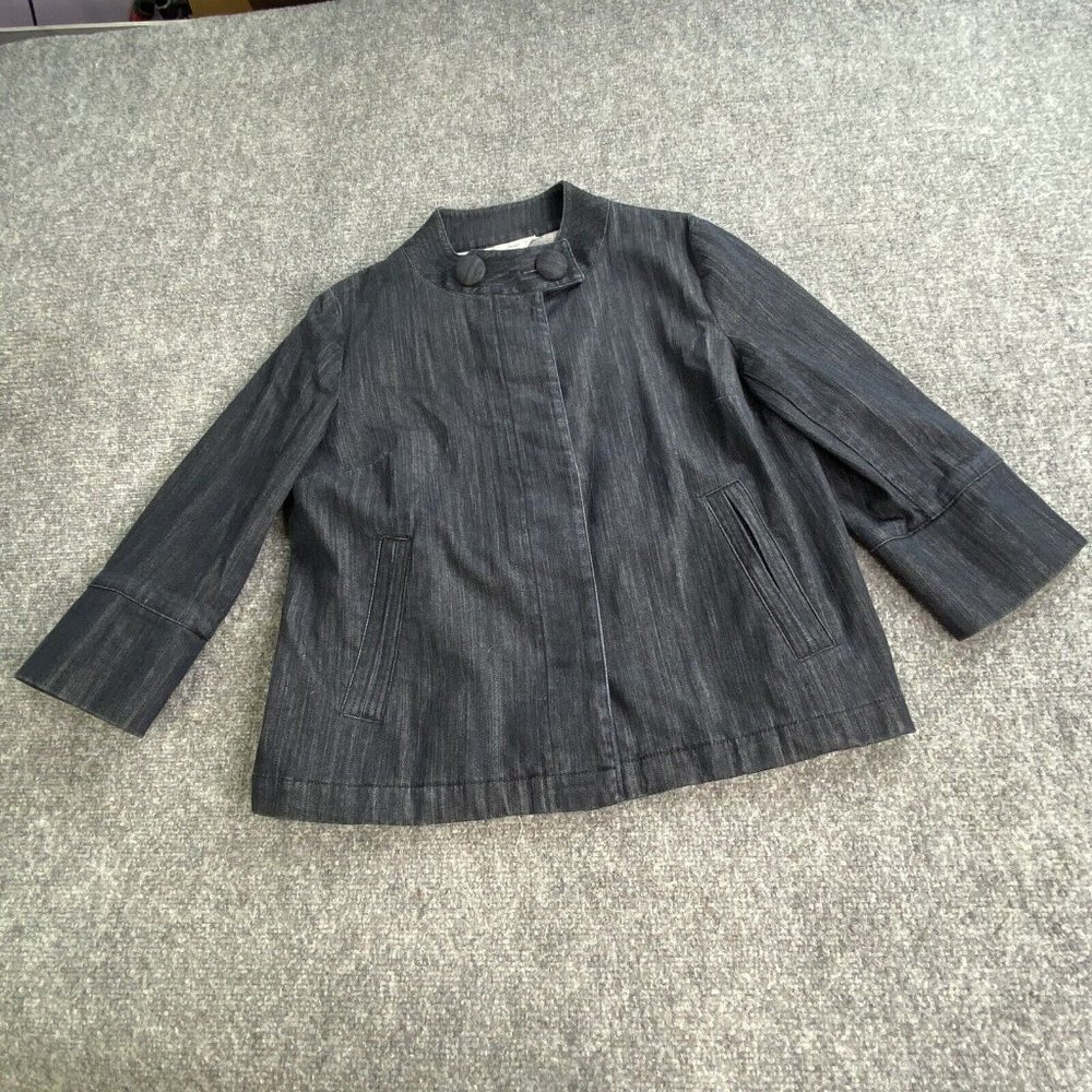 Talbots Jean Jacket Womens‎ M Blue Denim Band Collar Minimalist Classic Workwear